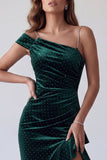 Dark Green One Shoulder Beaded Mermaid Ruched Long Formal Dress with Rhinestone