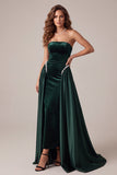 Dark Green Velvet Sheath Beaded Pearls Strapless Long Evening Dress with Sweep Train