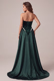 Dark Green Velvet Sheath Beaded Pearls Strapless Long Evening Dress with Sweep Train