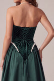 Dark Green Velvet Sheath Beaded Pearls Strapless Long Evening Dress with Sweep Train