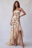 Strapless Champagne Velvet Mermaid Printed High-Low Long Formal Dress
