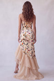 Strapless Champagne Velvet Mermaid Printed High-Low Long Formal Dress