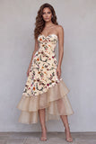 Champagne Printed A-Line Asymmetrical Ruffled High-Low Hem Long Formal Dress