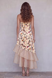 Champagne Printed A-Line Asymmetrical Ruffled High-Low Hem Long Formal Dress