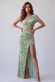 Floral Dusty Sage Printed One Shoulder Ruched Velvet Long Formal Dress with Side Slit