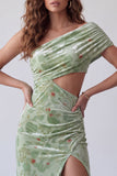 Floral Dusty Sage Printed One Shoulder Ruched Velvet Long Formal Dress with Side Slit