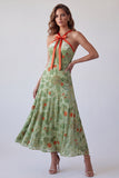 Dusty Sage A-Line Halter Floral Long Formal Dress with Bow