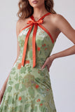 Dusty Sage A-Line Halter Floral Long Formal Dress with Bow