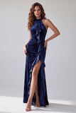 Navy Velvet Sheath Halter Long Evening Dress with Ruffles