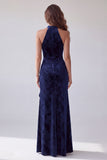Navy Velvet Sheath Halter Long Evening Dress with Ruffles