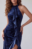 Navy Velvet Sheath Halter Long Evening Dress with Ruffles