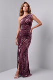 One Shoulder Vintage Mauve Velvet Sheath Ruched Long Formal Dress with Side Slit