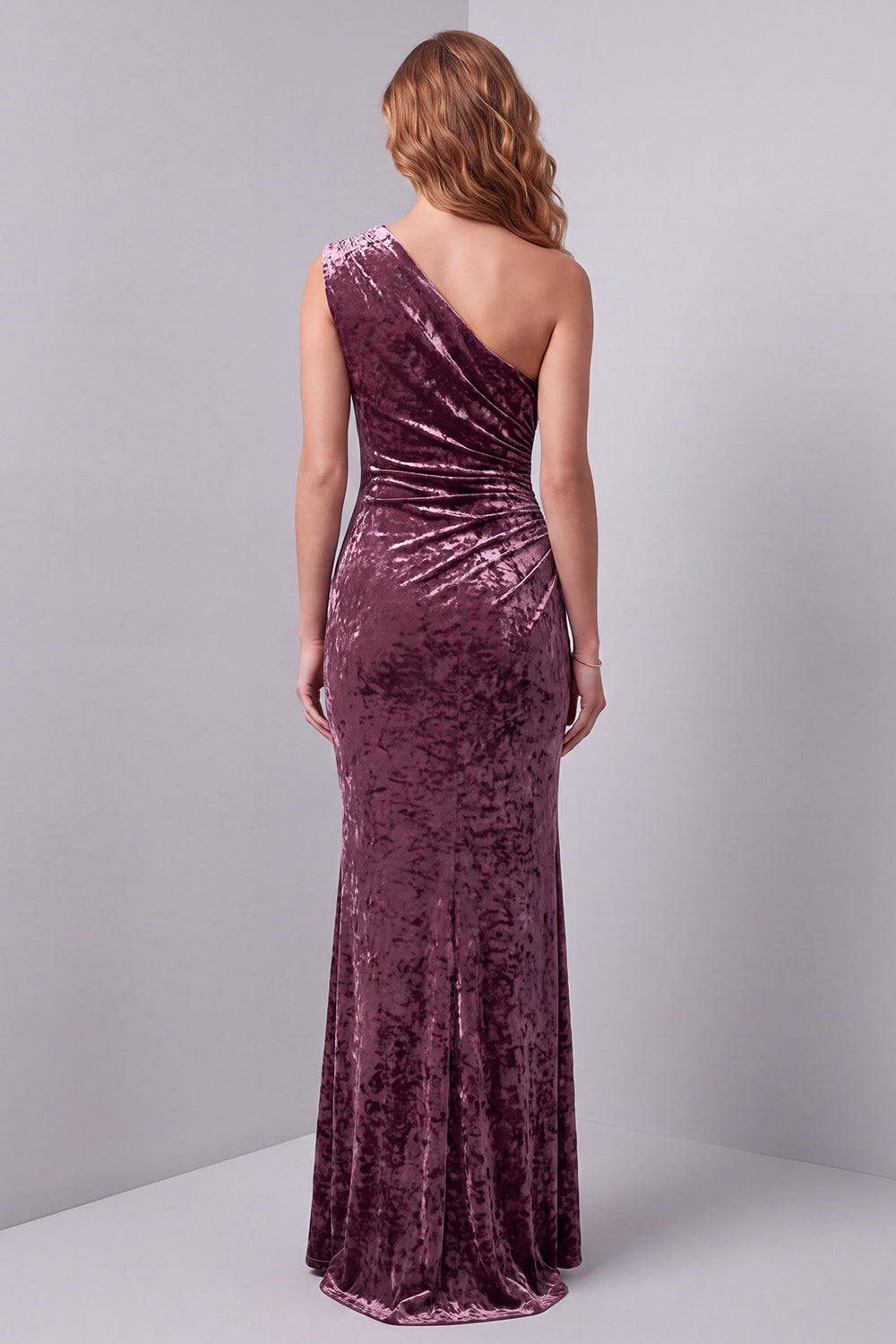 One Shoulder Vintage Mauve Velvet Sheath Ruched Long Formal Dress with Side Slit