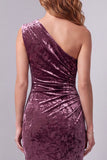 One Shoulder Vintage Mauve Velvet Sheath Ruched Long Formal Dress with Side Slit