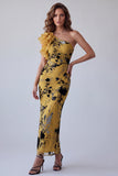Ginger Yellow Sheath One Shoulder Printed Long Formal Dress with Ruffles