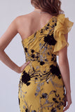Ginger Yellow Sheath One Shoulder Printed Long Formal Dress with Ruffles