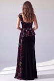 Floral Black Sheath Velvet Printed One Shoulder Long Evening Dress