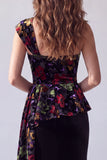 Floral Black Sheath Velvet Printed One Shoulder Long Evening Dress