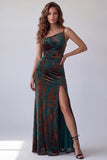 Dark Green Velvet Sheath One Shoulder Printed Floral Formal Dress with Side Slit