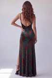 Dark Green Velvet Sheath One Shoulder Printed Floral Formal Dress with Side Slit