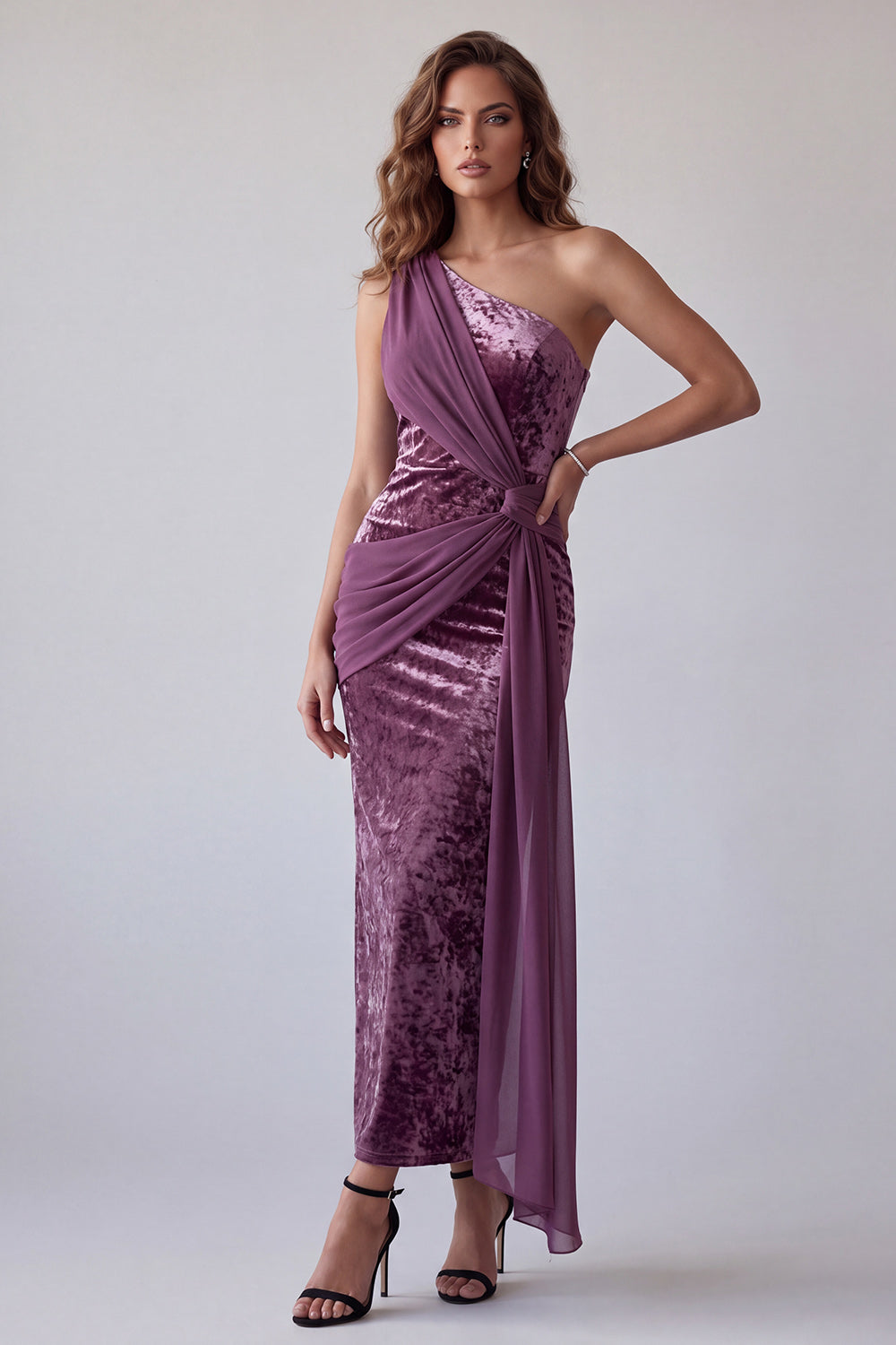 Vintage Mauve Velvet Sheath One Shoulder Draped Long Formal Dress