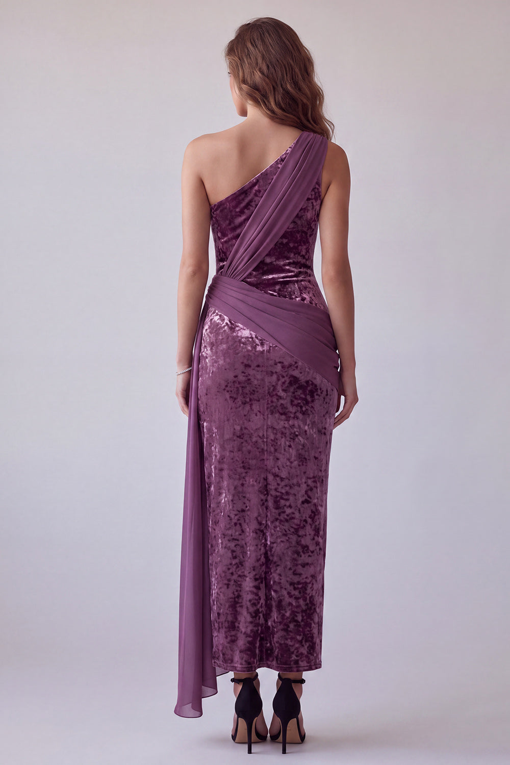 Vintage Mauve Velvet Sheath One Shoulder Draped Long Formal Dress