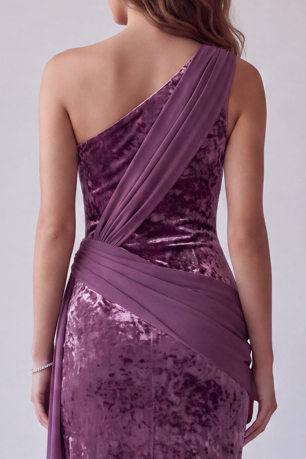 Vintage Mauve Velvet Sheath One Shoulder Draped Long Formal Dress