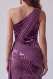 Vintage Mauve Velvet Sheath One Shoulder Draped Long Formal Dress