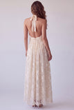 Floral Ivory A-Line Halter Ruched Long Formal Dress