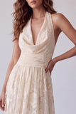 Floral Ivory A-Line Halter Ruched Long Formal Dress