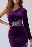 Plum Velvet One Shoulder Sheath Long Evening Dress with Flower
