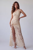Ivory One Shoulder Sheath Floral Long Evening Dress with Side Slit