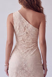 Ivory One Shoulder Sheath Floral Long Evening Dress with Side Slit