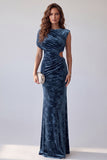 Navy Printed Sheath Asymmetrical Neck Ruched Long Formal Dress