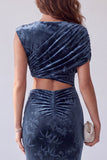 Navy Printed Sheath Asymmetrical Neck Ruched Long Formal Dress