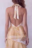 Halter Champagne A-Line Tiered Long Formal Dress with Ruffles