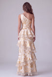 Champagne One Shoulder A-Line Asymmetrical Tiered Ruffled Long Formal Dress