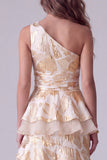 Champagne One Shoulder A-Line Asymmetrical Tiered Ruffled Long Formal Dress