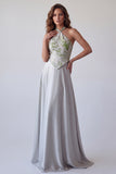 Grey Floral Satin A-Line Halter Long Formal Dress