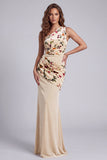 One Shoulder Champagne Velvet Sheath Ruched Long Formal Dress with Flower
