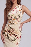 One Shoulder Champagne Velvet Sheath Ruched Long Formal Dress with Flower