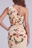 One Shoulder Champagne Velvet Sheath Ruched Long Formal Dress with Flower