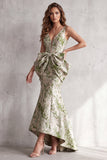 High-Low Dusty Sage Mermaid V-Neck Long Formal Dress with Bow