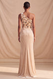 Champagne One Shoulder Velvet Sheath Floral Corset Ruched Long Formal Dress with Slit