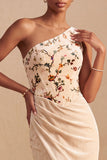 Champagne One Shoulder Velvet Sheath Floral Corset Ruched Long Formal Dress with Slit
