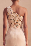 Champagne One Shoulder Velvet Sheath Floral Corset Ruched Long Formal Dress with Slit