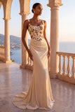 Floral Champagne Corset Mermaid Ruched Long Formal Dress with Sweep Train