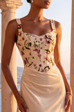 Floral Champagne Corset Mermaid Ruched Long Formal Dress with Sweep Train