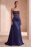 Navy Corset Satin Sheath Floral Strapless Ruched Long Formal Dress