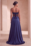 Navy Corset Satin Sheath Floral Strapless Ruched Long Formal Dress